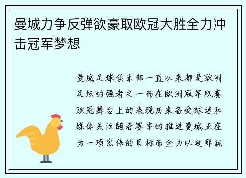 曼城力争反弹欲豪取欧冠大胜全力冲击冠军梦想