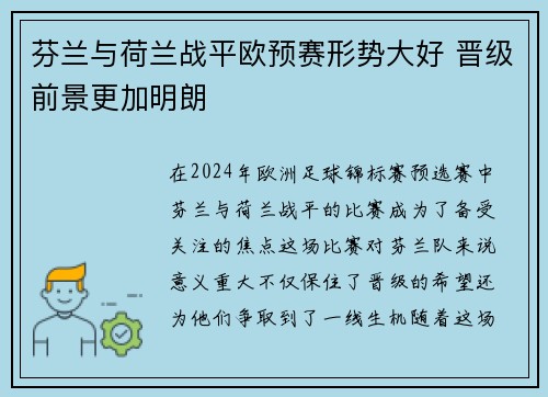 芬兰与荷兰战平欧预赛形势大好 晋级前景更加明朗