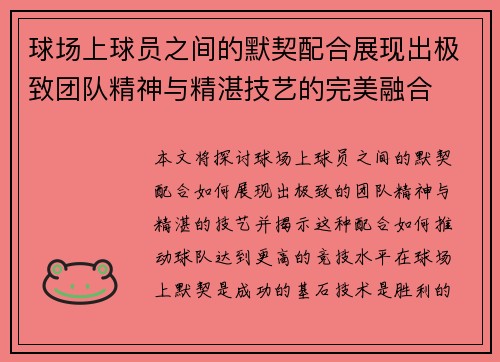 球场上球员之间的默契配合展现出极致团队精神与精湛技艺的完美融合
