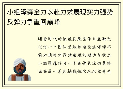 小组泽森全力以赴力求展现实力强势反弹力争重回巅峰