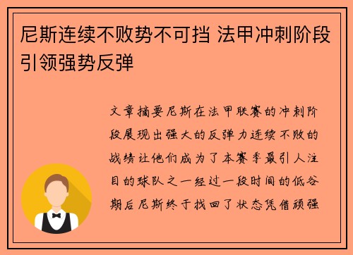 尼斯连续不败势不可挡 法甲冲刺阶段引领强势反弹