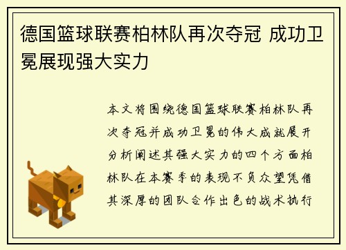 德国篮球联赛柏林队再次夺冠 成功卫冕展现强大实力